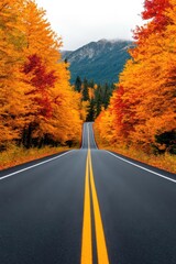 Empty asphalt road through vibrant fall foliage and mountain vista.