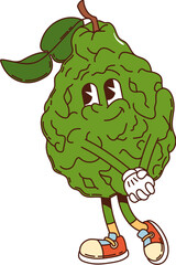 Cartoon groovy bergamot fruit character clasping its hands and smiling, showcasing a friendly and inviting vibes. Isolated vector charming tropical monarda with expressive eyes, gloves, and sneakers