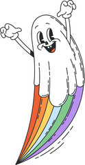 Cartoon Halloween groovy ghost character with happy boo face and rainbow, retro vector. Halloween holiday horror night cartoon groovy ghost with happy smiling and funky face in retro 70s hippie art
