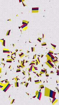 Colombian flag and confetti flying with alpha channel. 3D rendering Animation / 4K / Composite Vertical
