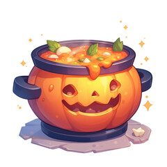 A whimsical pumpkin pot filled with colorful stew, perfect for autumn and Halloween themes, adding a fun touch to any design. transparent background