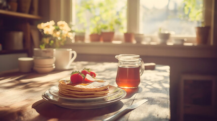 Vintage-Style Breakfast Table with Pancakes, Syrup, Fresh Fruit, in Cozy Sunlit Kitchen