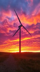 Obraz premium Wind turbine at sunset against vibrant sky