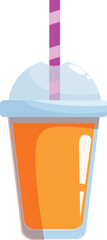 Cartoon drawing of a disposable to go cup holding a refreshing orange colored beverage with a purple straw
