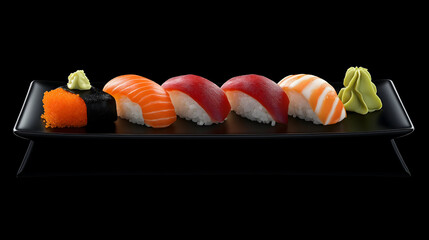 Sushi Platter with Various Types of Sushi, Garnished with Pickled Ginger and Wasabi on Sleek Minimalist Background