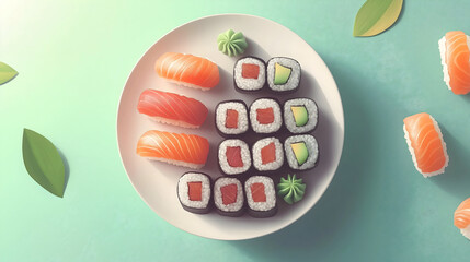 Sushi Platter with Various Types of Sushi, Garnished with Pickled Ginger and Wasabi on Sleek Minimalist Background