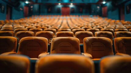 Fototapeta premium Empty Modern Theater with Rows of Comfortable Orange Seats and Blue Ambient Lighting