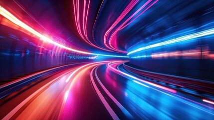 Futuristic Neon Light Tunnel with Motion Blur Effect in Urban Nightscape