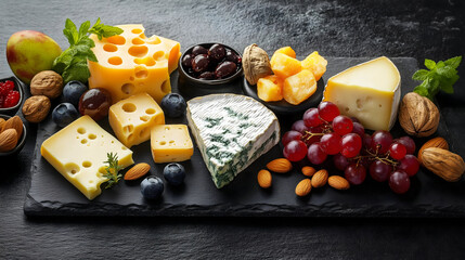Assorted Cheeses, Nuts, and Fruits Arranged on Slate Board