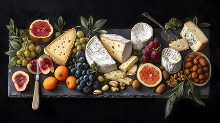 Assorted Cheeses, Nuts, and Fruits Arranged on Slate Board
