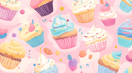 Whimsical Background Illustration of Cupcakes and Pastries in Pastel Cartoonish Style