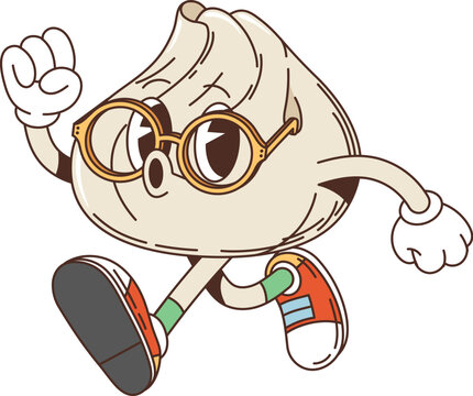Retro cartoon dim sum groovy character with funny face, vector funky comic. Groovy dim sum dumpling happy walking and whistling song melody, Asian cuisine Japanese or Chinese food cartoon character