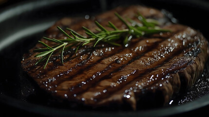 Close-Up Shot of Perfectly Grilled Steak with Grill Marks and Rosemary on Dark Moody Background