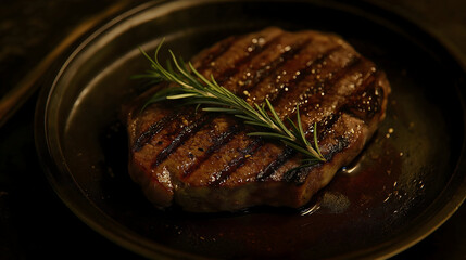 Close-Up Shot of Perfectly Grilled Steak with Grill Marks and Rosemary on Dark Moody Background