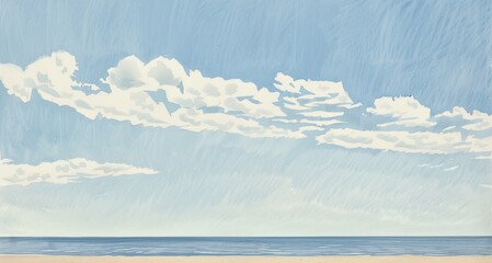 lazy day at the beach; soft clouds hovering over a quiet, calm ocean and empty sandy shoreline; in colored pencil style