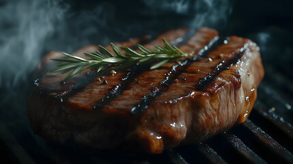 Close-Up Shot of Perfectly Grilled Steak with Grill Marks and Rosemary on Dark Moody Background