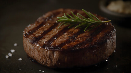 Close-Up Shot of Perfectly Grilled Steak with Grill Marks and Rosemary on Dark Moody Background