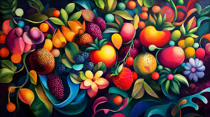 Vibrant Abstract Painting of Exotic Fruits and Berries in Surreal Colorful Style