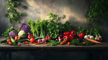 Rustic Wooden Table Covered with Fresh Vegetables and Herbs Creating Farm-to-Table Aesthetic