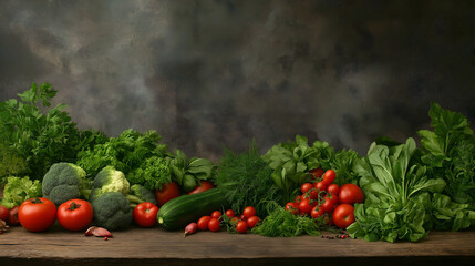 Rustic Wooden Table Covered with Fresh Vegetables and Herbs Creating Farm-to-Table Aesthetic