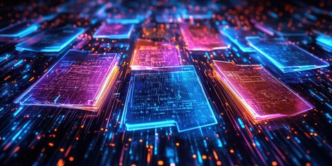 Obraz premium Abstract network grid with files and folders, futuristic software interface, digital document management system, store, search and organize documents, corporate business, paperless office.