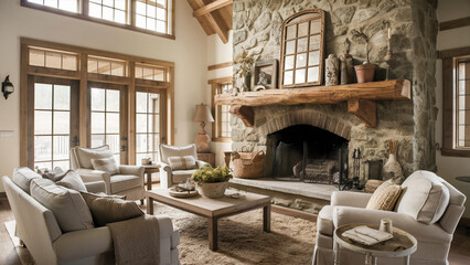 Rustic Stone Fireplace: Heart of a Cozy Farmhouse Living Room - 2