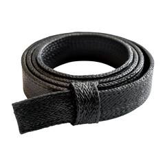 Stylish black belt, rolled neatly, ideal for fashion accessories and wardrobe essentials. transparent background