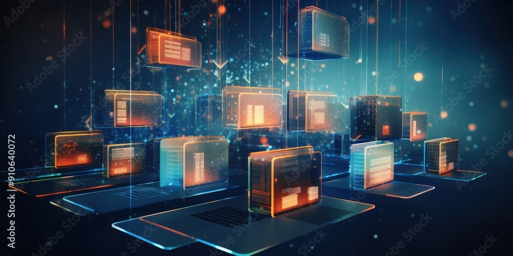 Poster abstract network grid with files and folders, futuristic software interface, digital document manage