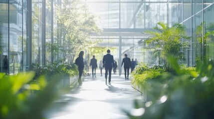 People Walking in Green Office Space with Motion Blur Effect, Highlighting Environmental Concept and Sustainable Workspace