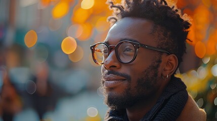 Portrait of a young man in glasses in a moment of good mood on an autumn day