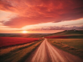 Red sky at sunset Beautiful landscape with road lead