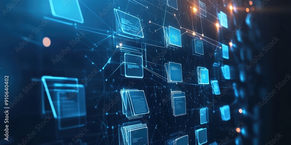 Poster abstract network grid with files and folders, futuristic software interface, digital document manage