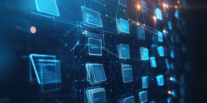 Abstract network grid with files and folders, futuristic software interface, digital document management system, store, search and organize documents, corporate business, paperless office.