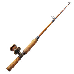 A classic fishing rod with a wooden handle and spinning reel, perfect for angling enthusiasts and outdoor adventures. transparent background