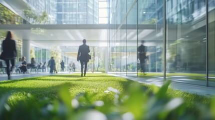 People Walking in Green Office Space with Motion Blur Effect, Highlighting Environmental Concept and Sustainable Workspace