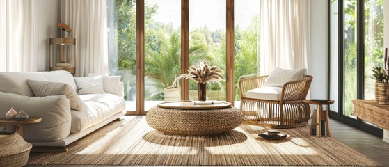 Bright and airy living room with modern furniture, large windows, and nature views, perfect for relaxation and comfort.