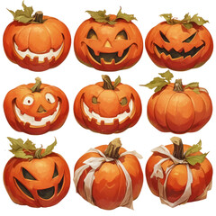 A collection of cheerful and spooky pumpkins, perfect for Halloween decor and autumn-themed designs. transparent background