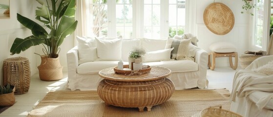 Bright and airy living room with wicker furniture and lush green plants, featuring natural lighting and a cozy, inviting atmosphere.