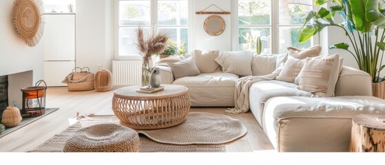 Cozy living room with neutral tones, large sofa, and natural light, featuring rattan furniture and indoor plants, perfect for relaxation.