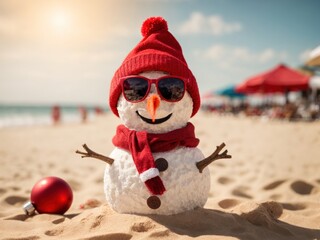 Sandy christmas snowman in red santa hat and sunglasses on beach