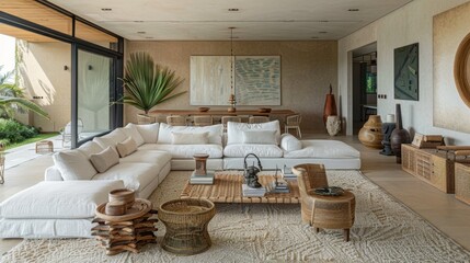Modern living room interior with beige and white decor, large sectional sofa, wicker furniture, and natural light.