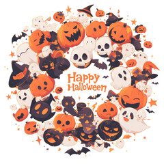 Fototapeta premium A festive Halloween wreath featuring pumpkins, ghosts, and skulls, perfect for seasonal decor and autumn celebrations. transparent background