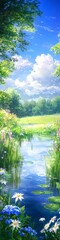 Obraz premium A beautiful cartoon style illustration of a landscape with pond, trees, and mountains. 