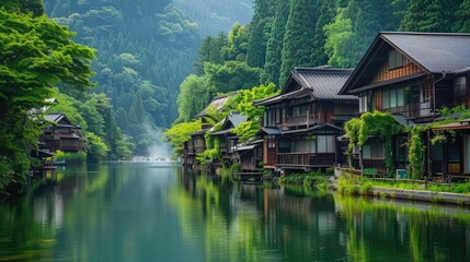 Fototapeta premium Traditional Japanese Houses on a Calm River Surrounded by Lush Greenery