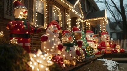 Decorated house with glowing Christmas lights and festive inflatables, Christmas concept.