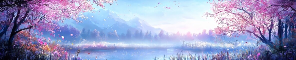 A beautiful cartoon style illustration of a landscape with pond, trees, and mountains. 