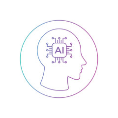 Artificial Intelligence AI Brain with Integrated Chip. Artificial Intelligence icon featuring machine learning, generative AI, intelligent algorithms, virtual cognition, and future technology concepts