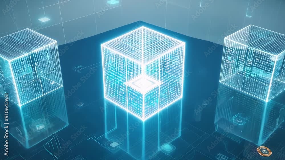 Poster digital representations of three glowing cubes in a high-tech blue setting create an abstract visual