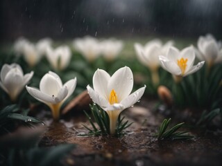 Single flower of white crocus in the spring rain