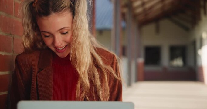 University, campus and girl with smile by laptop for research, information and communication. Scholarship, student and laughing with tech for learning, education platform and reading online results